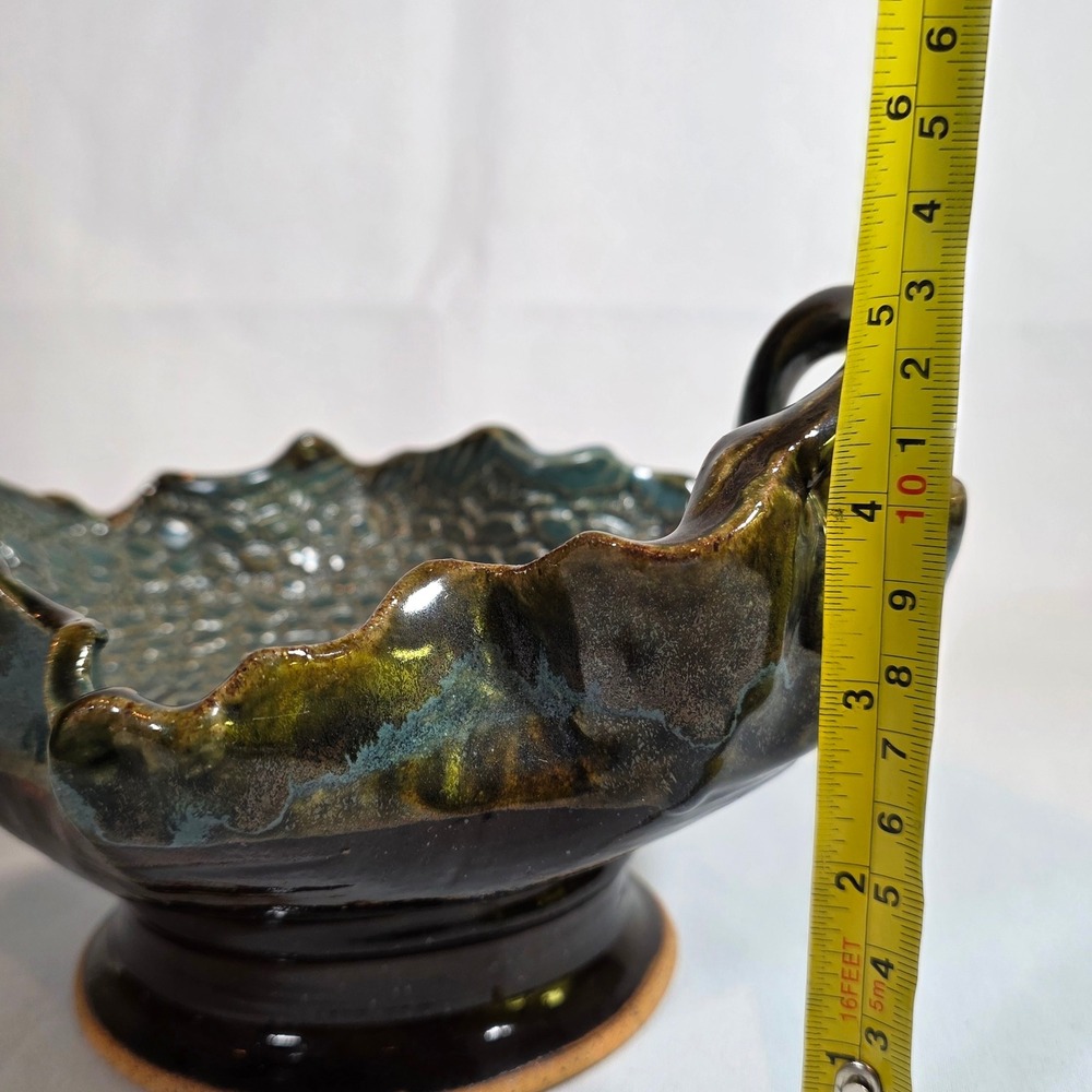 Handmade Studio Pottery Teal Brown Textured Pedestal Handle Bowl Artisan Signed - Picture 3 of 10